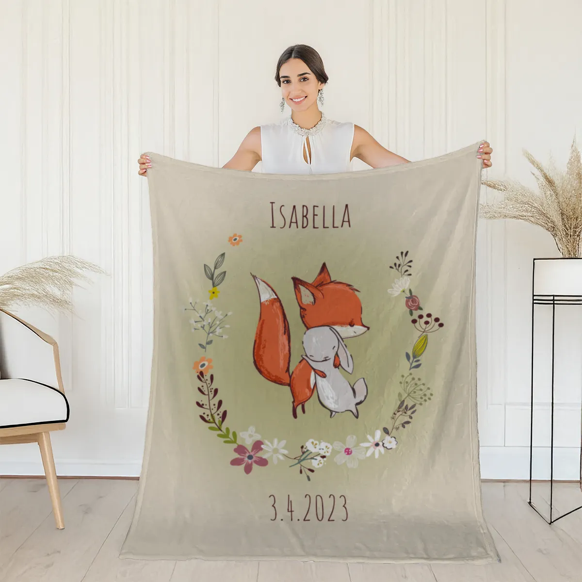 Babydecke mit Namen personalisierbar, Kuscheldecke, Namensdecke mit niedlichem Tiermotiv, Geschenkidee Geburtstag Motiv Fuchs und Hase 75 x 100 cm