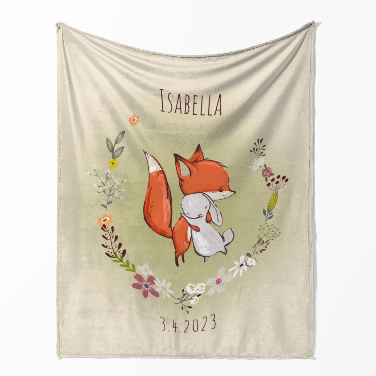 Babydecke mit Namen personalisierbar, Kuscheldecke, Namensdecke mit niedlichem Tiermotiv, Geschenkidee Geburtstag Motiv Fuchs und Hase 75 x 100 cm