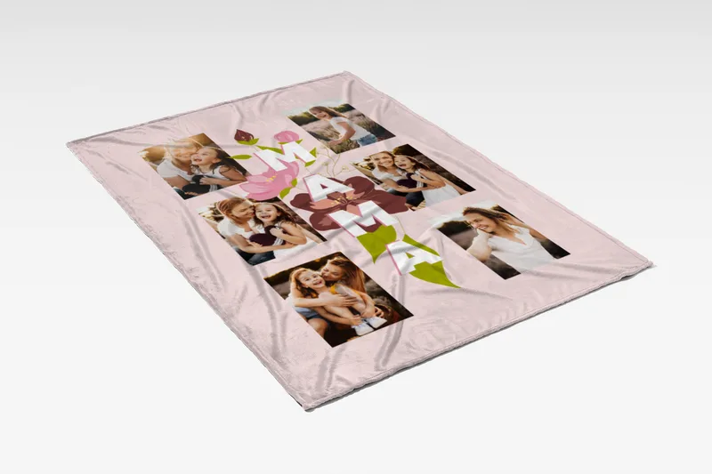 Kuscheldecke Mama Blüten 140 x 200 cm - mit 6 Fotos personalisierbar - Fotodecke selbst gestalten - Geschenkidee Muttertag Mama Blüten 6 Fotos 140 x 200 cm