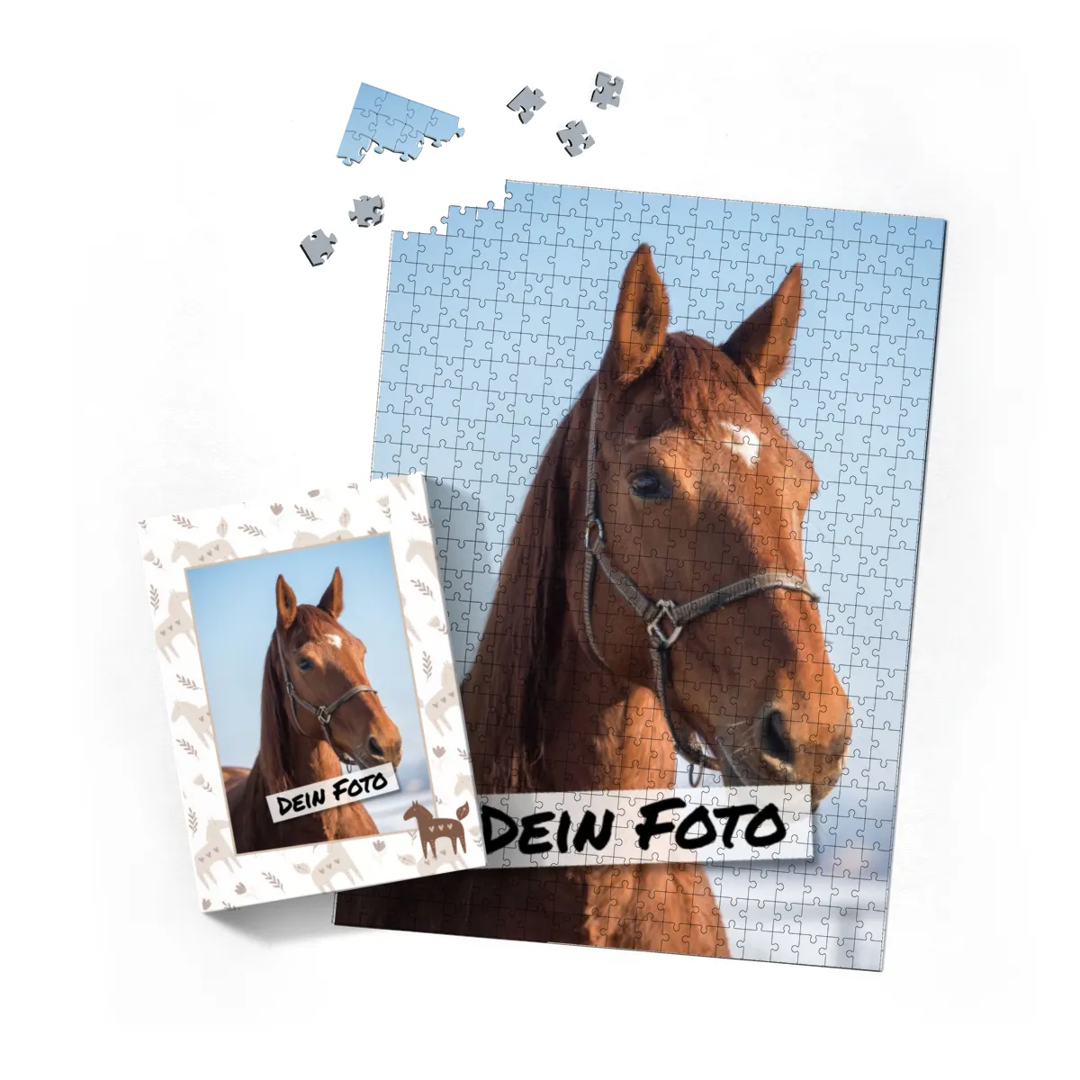 Fotopuzzle mit eigenem Bild - Fotopuzzle selbst gestalten 1000 Teile - Schachtel Skandipferde- Puzzle mit Foto personalisiert - Geschenk Geburtstag, Pferdefans Skandipferde 1000 Teile Quer