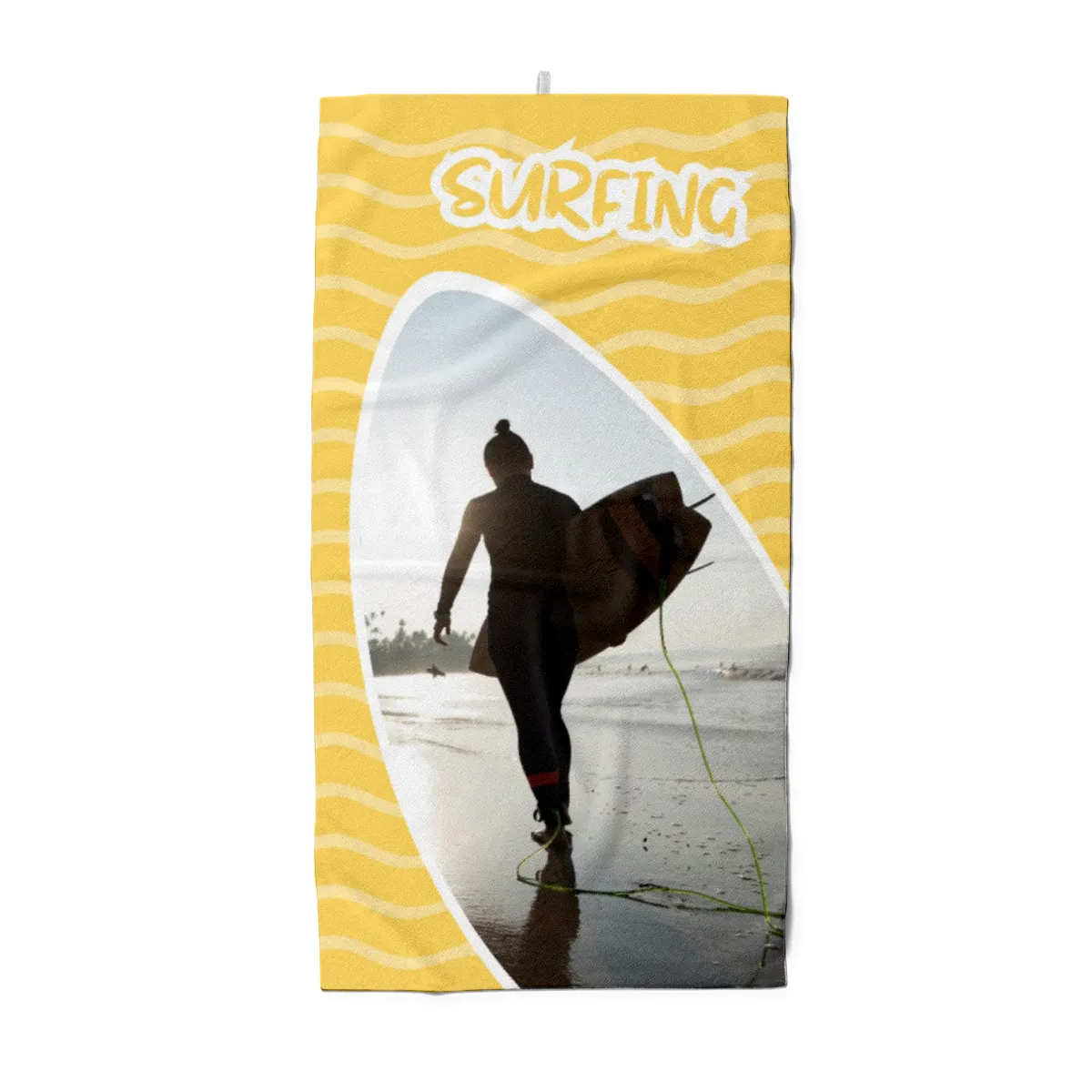 Strandtuch gelb im Surfbrett-Look - mit Foto personalisierbar - Foto-Badetuch - Geschenkidee Surfer Surfing