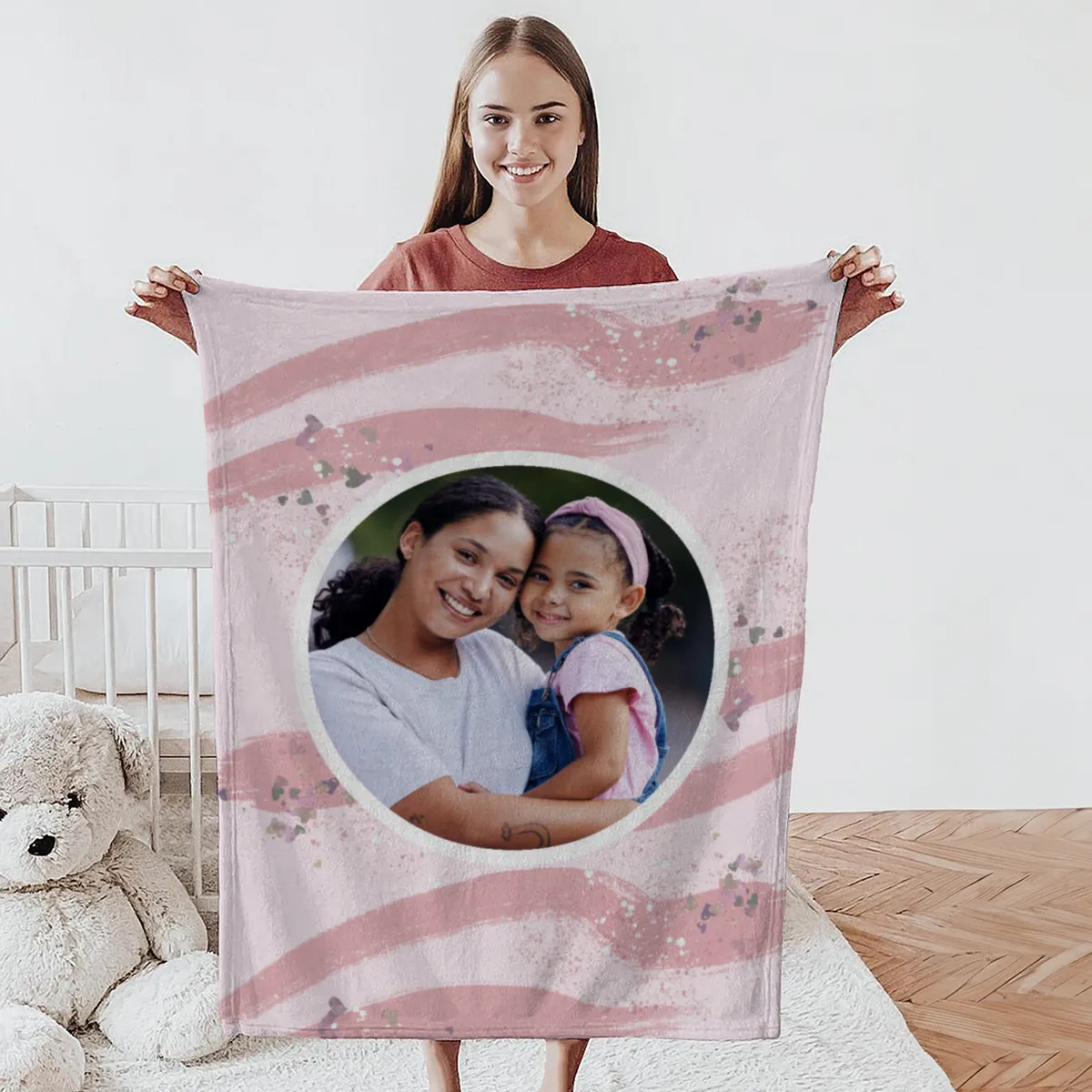 Kuscheldecke rosa 140 x 200 cm - mit Foto personalisierbar - Fotodecke selbst gestalten - Geschenkidee Muttertag, Geburtstag - Pinselstriche Hearts rose