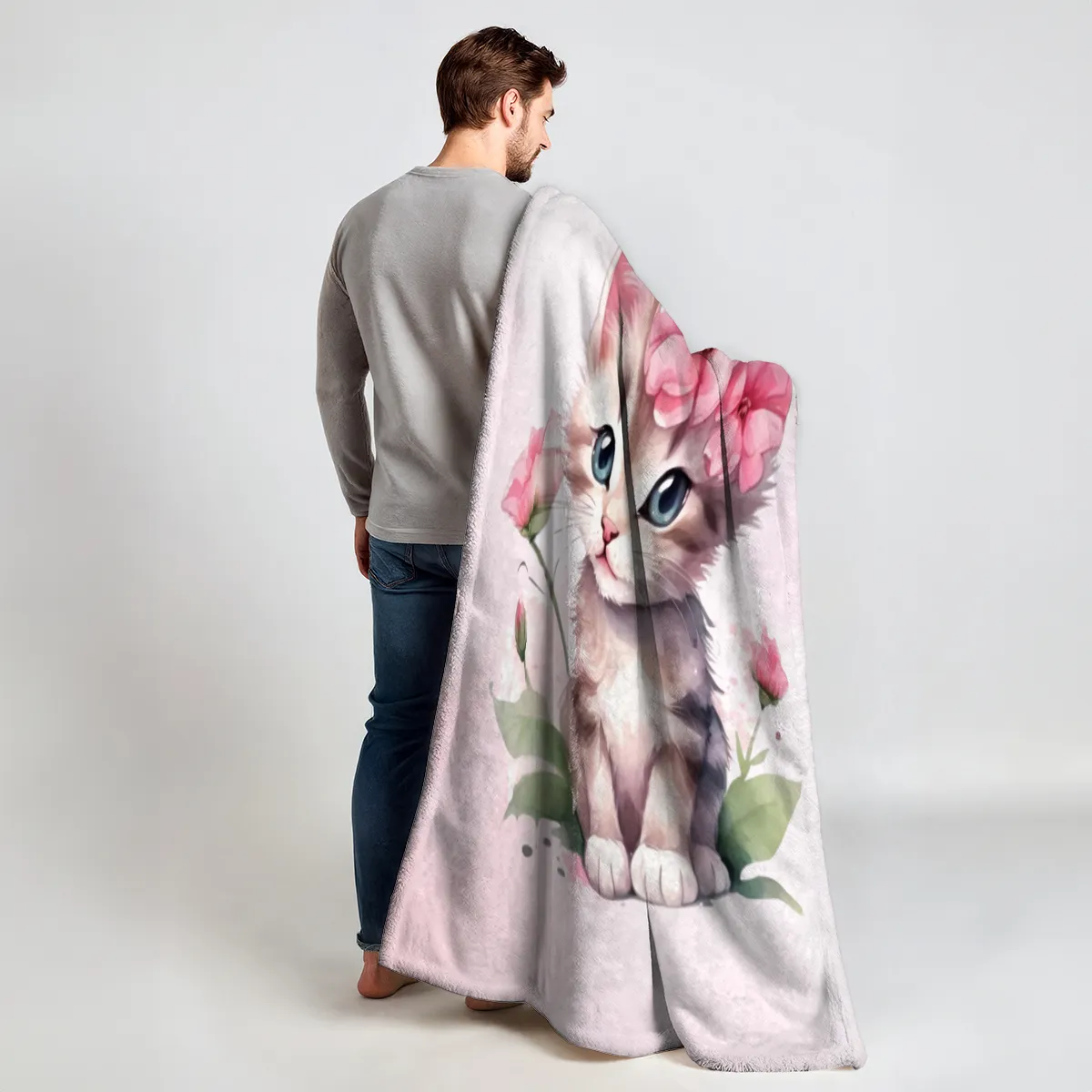 Wohndecke mit Namen personalisierbar, Kuscheldecke, Namensdecke mit süßem Kätzchen, Geschenkidee Geburtstag Motiv Katze rosa 140 x 200 cm