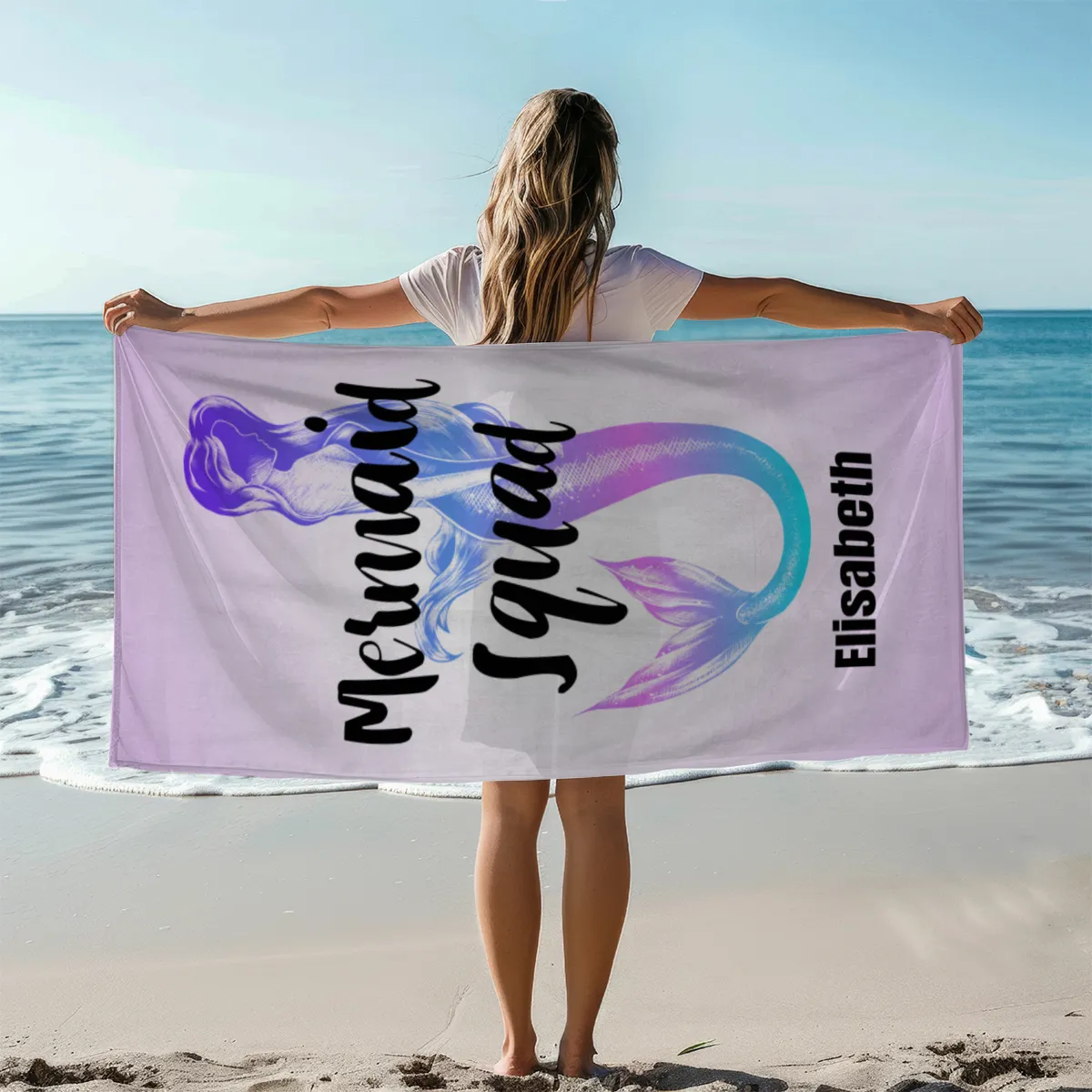 Badetuch Sommer - mit Namen personalisierbar - personalisiertes Namens-Badetuch - Strandtuch mit Wunschtext - Mermaid Squad