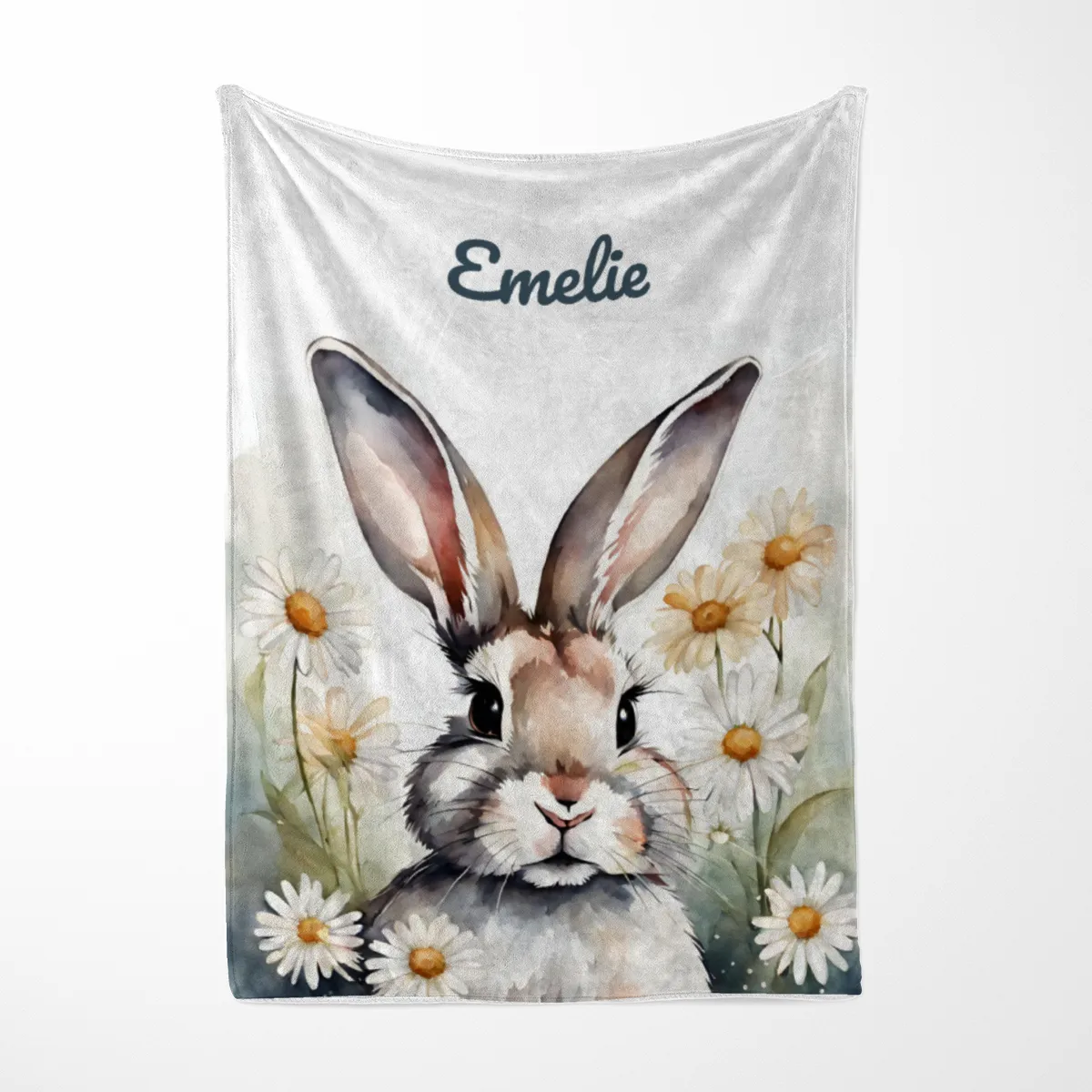 Babydecke mit Namen personalisierbar, Kuscheldecke, Namensdecke mit Häschen, Geschenkidee Geburt Motiv Hase Blümchen 75 x 100 cm