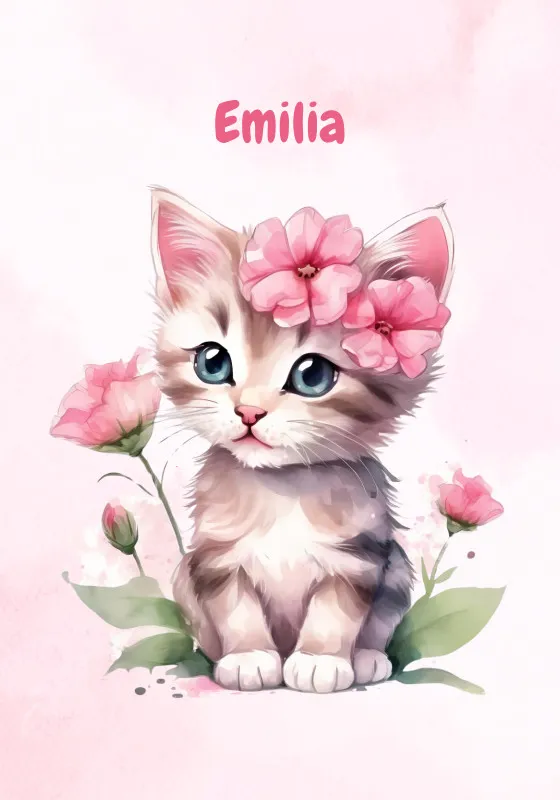 Wohndecke mit Namen personalisierbar, Kuscheldecke, Namensdecke mit süßem Kätzchen, Geschenkidee Geburtstag Motiv Katze rosa 140 x 200 cm