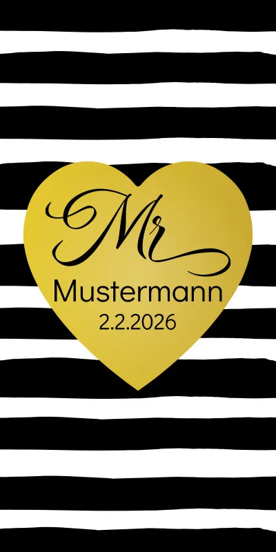 Badetuch mit Namen personalisierbar - personalisiertes Namens-Badetuch - Strandtuch mit Wunschtext - Geschenkidee Hochzeit, Paar - Motiv Misses Heart Stripes