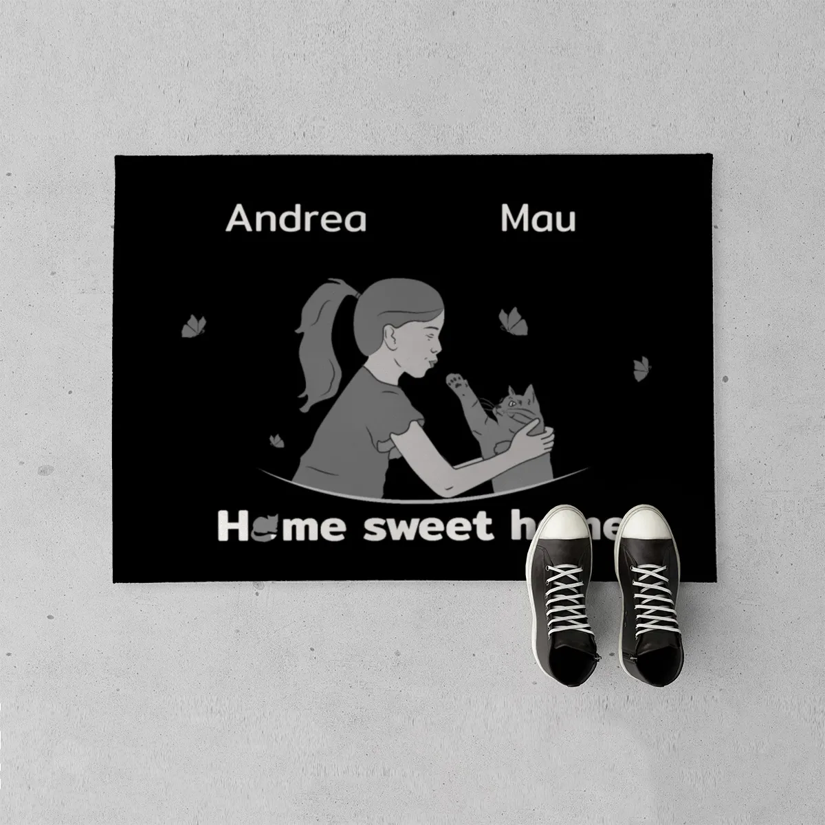 Personalisierte Fußmatte Pärchen mit Hund und Katze schwarz 70 x 50 cm