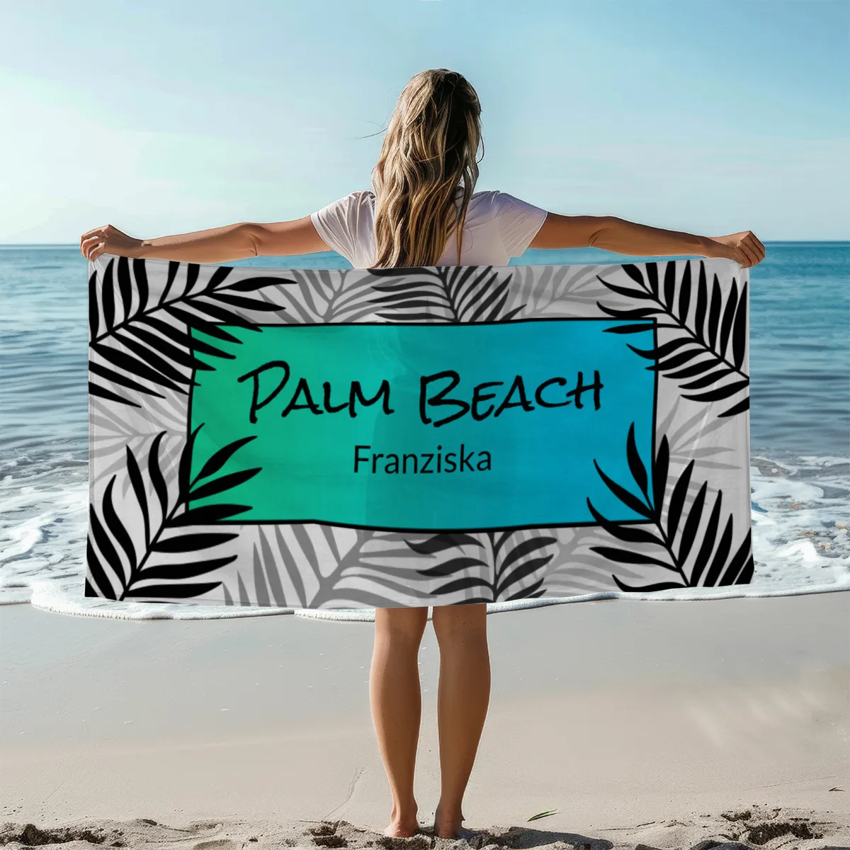 Badetuch Sommer - mit Namen personalisierbar - personalisiertes Namens-Badetuch - Strandtuch mit Wunschtext - Palmenblätter