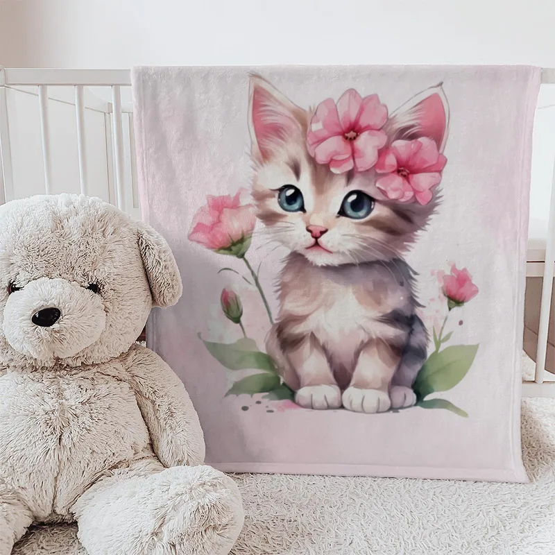 Wohndecke mit Namen personalisierbar, Kuscheldecke, Namensdecke mit süßem Kätzchen, Geschenkidee Geburtstag Motiv Katze rosa 140 x 200 cm
