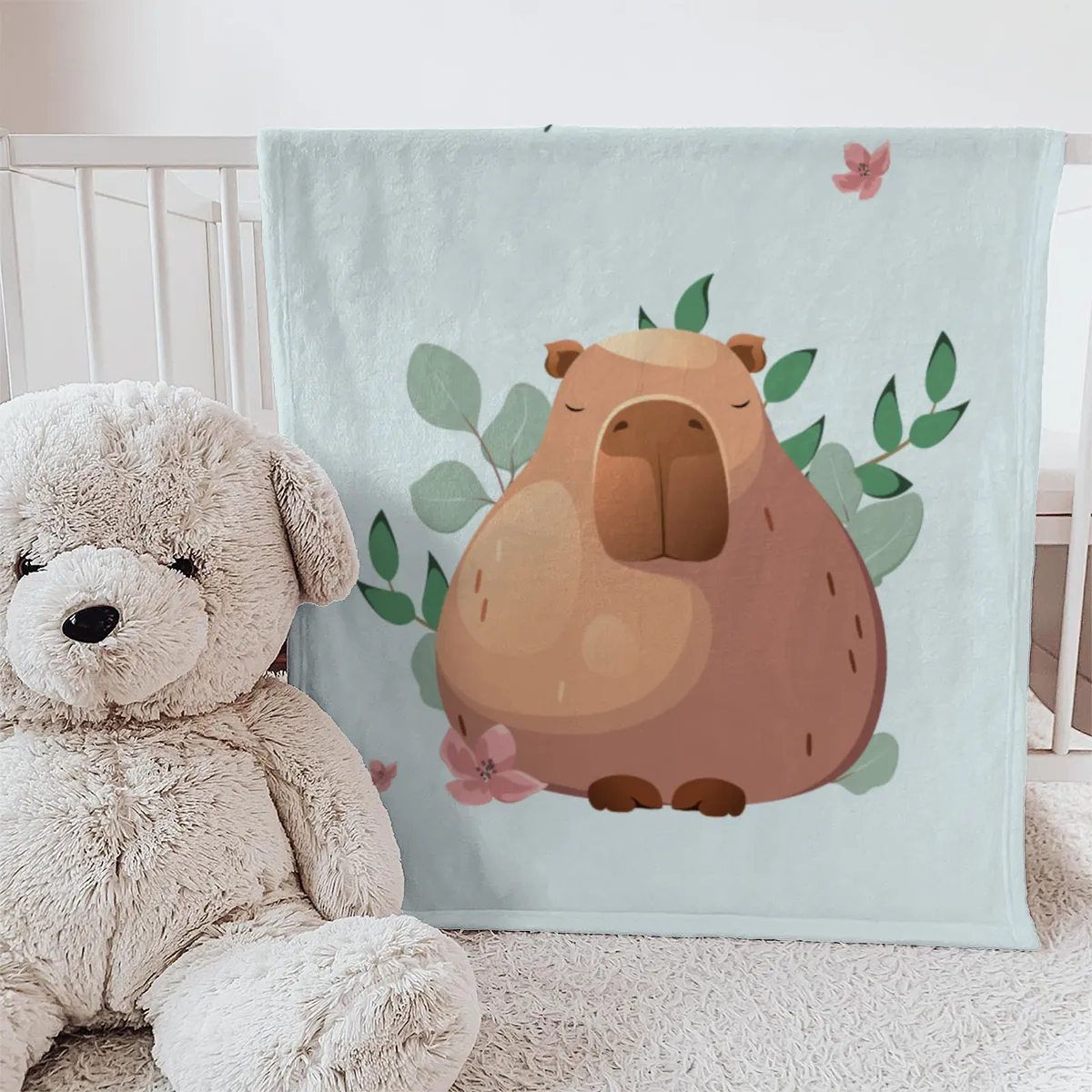 Wohndecke mit Namen personalisierbar, Kuscheldecke, niedliche Namensdecke mit Capybara, Geschenkidee Geburtstag Motiv Capy Wintermütze 140 x 200 cm