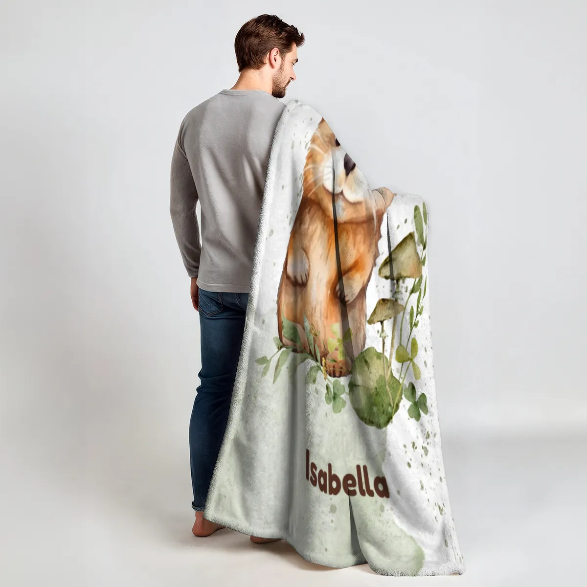 Wohndecke mit Namen personalisierbar, Kuscheldecke, Namensdecke mit Tiermotiv, Geschenkidee Geburtstag Motiv Kleiner Otter 140 x 200 cm