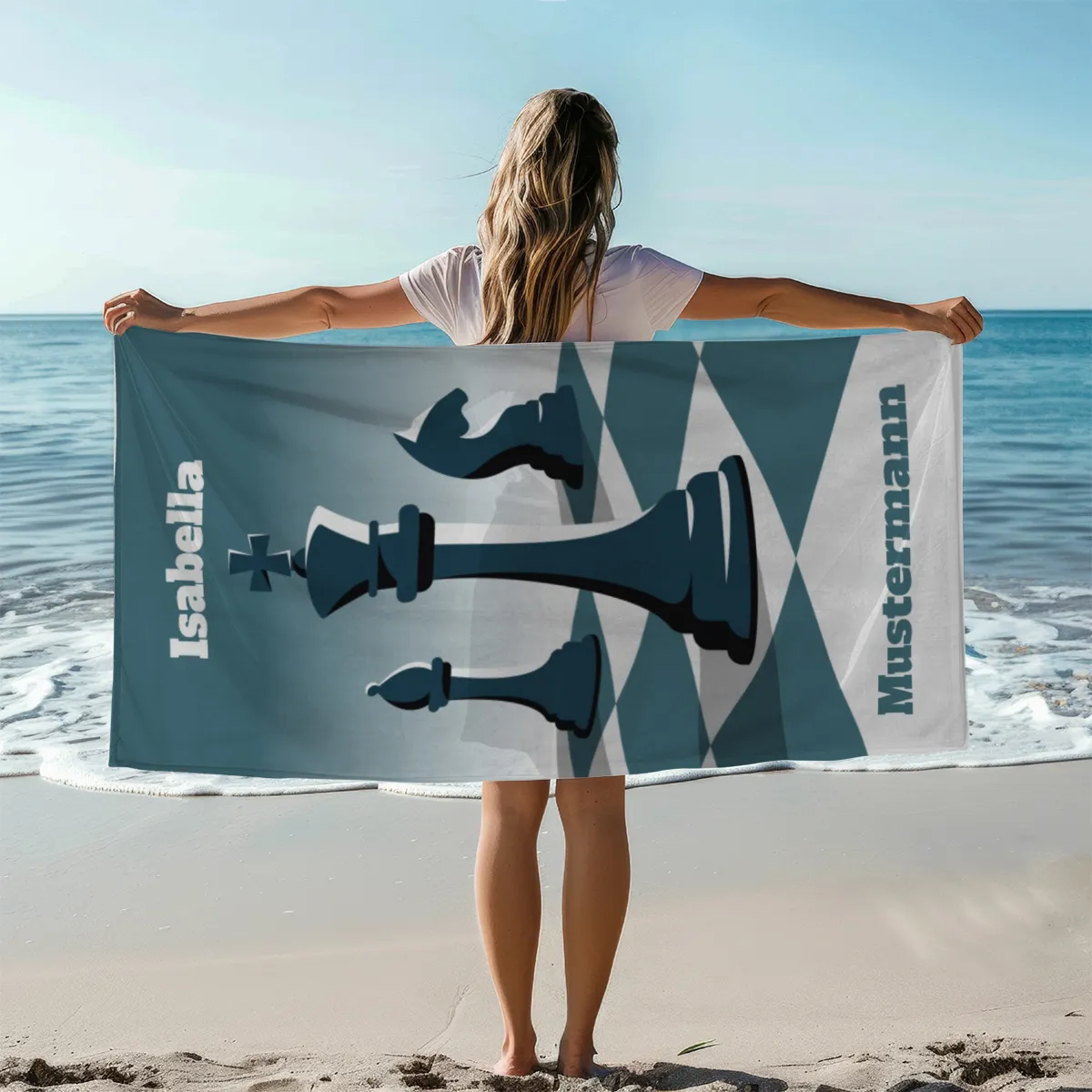 Badetuch Schach - mit Namen personalisierbar - personalisiertes Namens-Badetuch - Strandtuch mit Wunschtext - Schachfiguren König