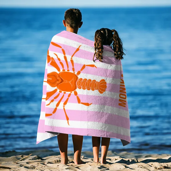 Badetuch blau gestreift mit Hummer - mit Namen personalisierbar - personalisiertes Namens-Badetuch - Strandtuch mit Wunschtext - Lobster blau