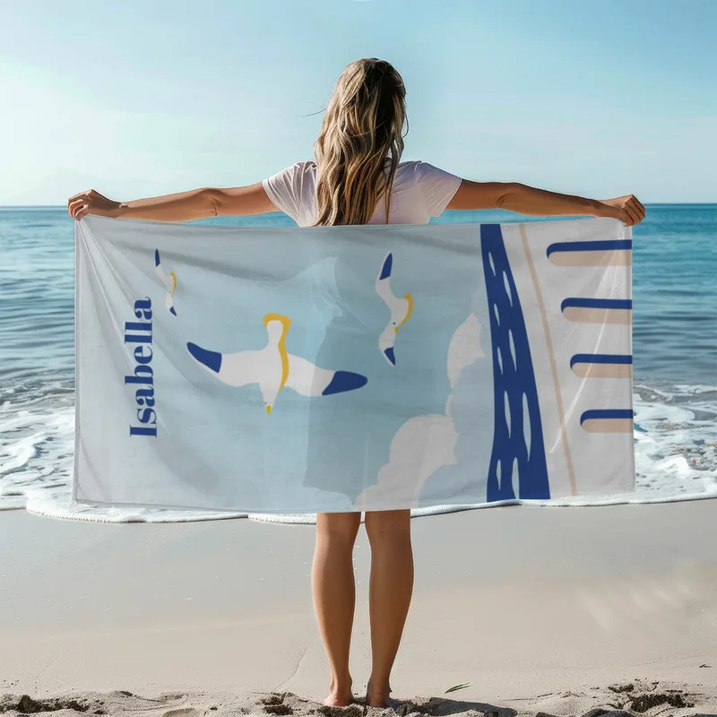 Badetuch Sommer - mit Namen personalisierbar - personalisiertes Namens-Badetuch - Strandtuch mit Wunschtext - Möwen