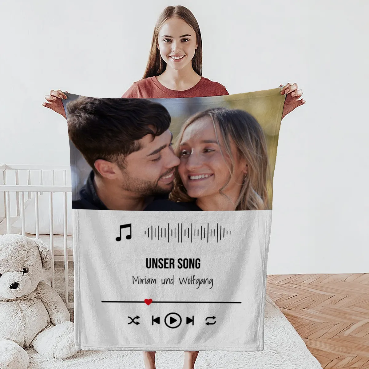 Kuscheldecke Our Lovesong - mit Bild und Text personalisierbar - Geschenkidee für Verliebte, Valentinstag Songplay Text Bild