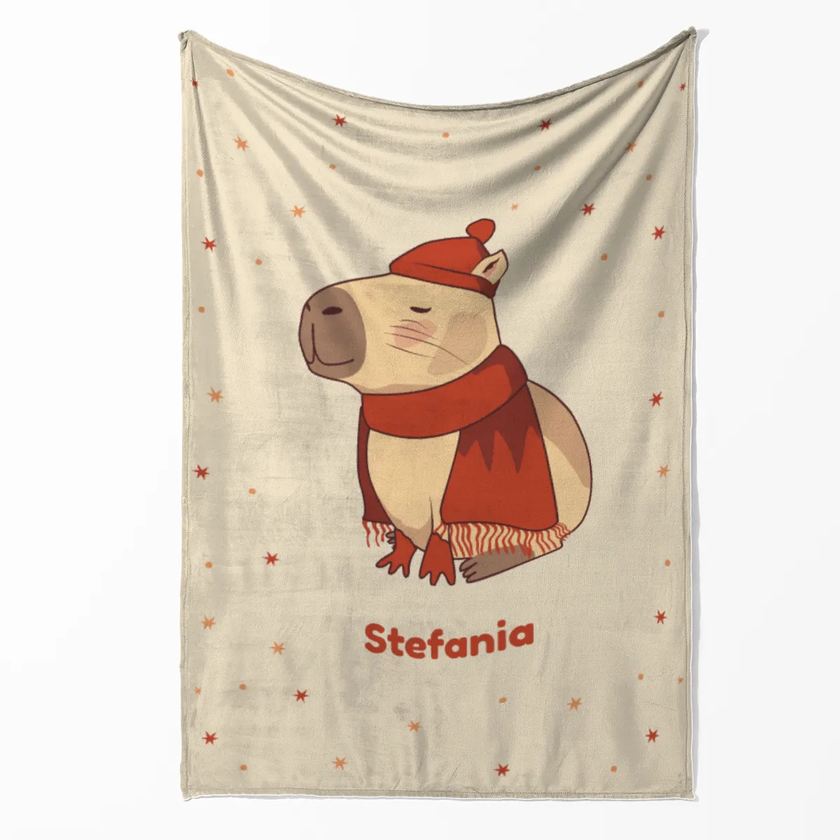 Wohndecke mit Namen personalisierbar, Kuscheldecke, niedliche Namensdecke mit Capybara, Geschenkidee Geburtstag Motiv Capy Wintermütze 140 x 200 cm