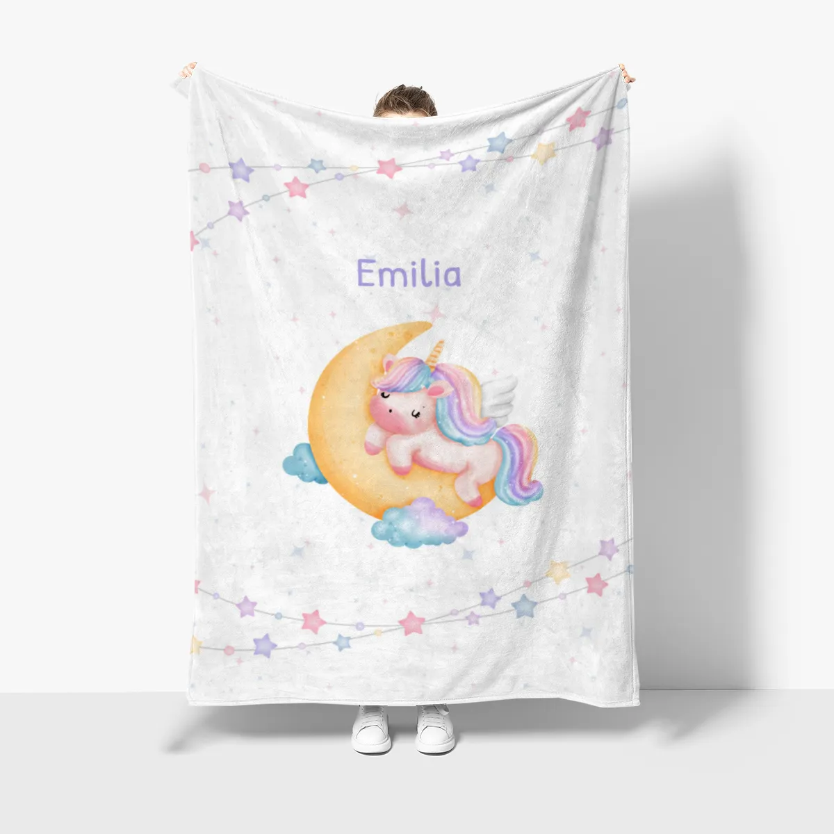 Babydecke mit Namen personalisierbar, Kuscheldecke, Namensdecke mit Einhorn, Geschenkidee Geburt Motiv Einhorn 75 x 100 cm