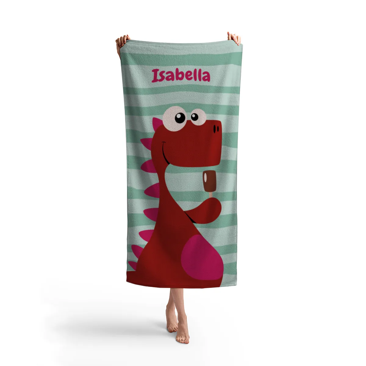 Dinosaurier-Badetuch mit Namen personalisierbar - personalisiertes Namens-Strandtuch - Kinderbadetuch mit Wunschtext - Dino Ice rot