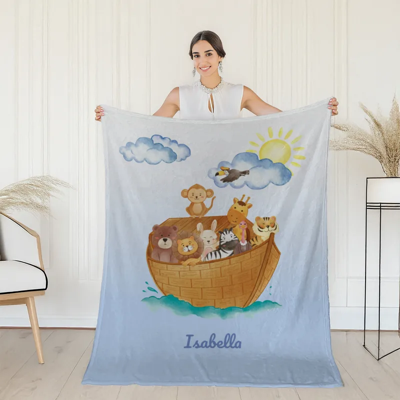 Wohndecke mit Namen personalisierbar, Kuscheldecke, Namensdecke mit niedlichem Tiermotiv, Geschenkidee Geburtstag Motiv Tiere Arche 140 x 200 cm
