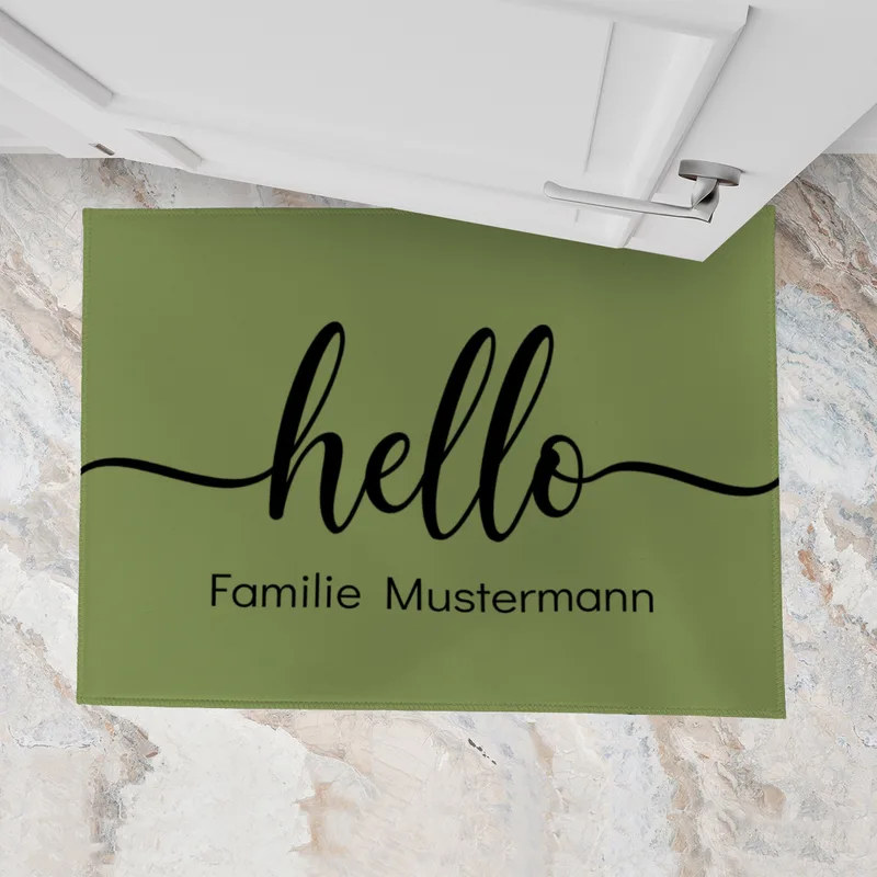 Fußmatte personalisiert - Geschenkidee für Familie, Paare, zum Einzug - Türvorleger mit Namen bedruckt - Motiv Hello grün 70 x 50 cm