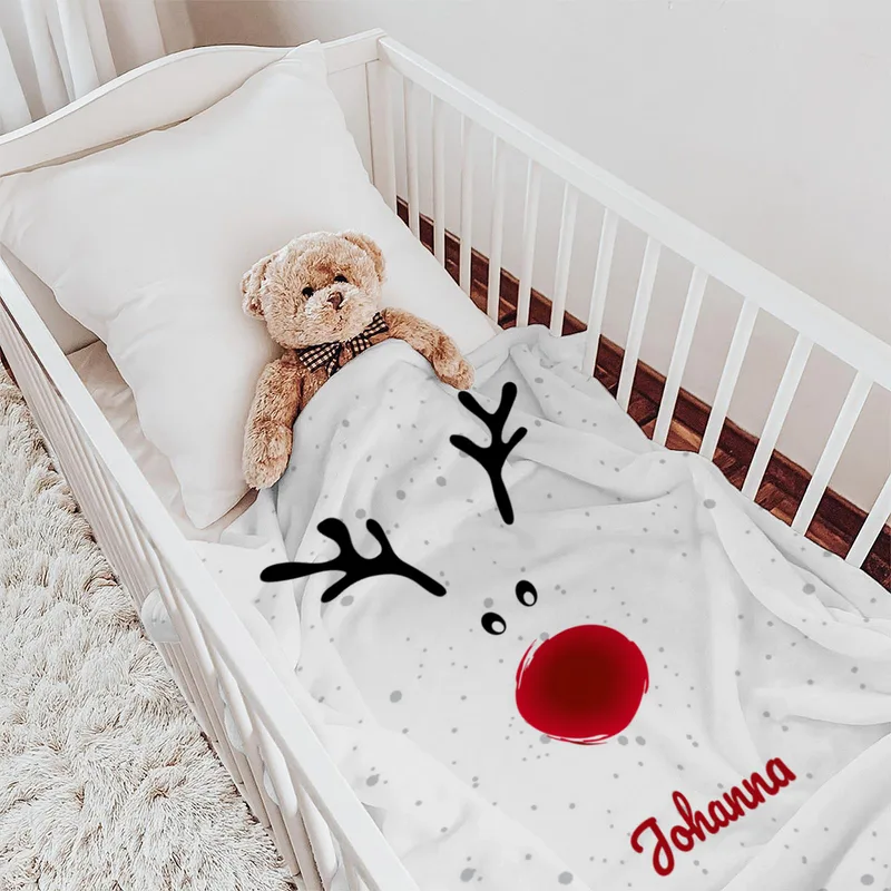 Personalisierte Babydecke Rentiernase - Babydecke mit Namen und Rentiermotiv - Babydecke mit Namen personalisierbar - Geschenkidee Weihnachten Baby Rentiernase 75 x 100 cm