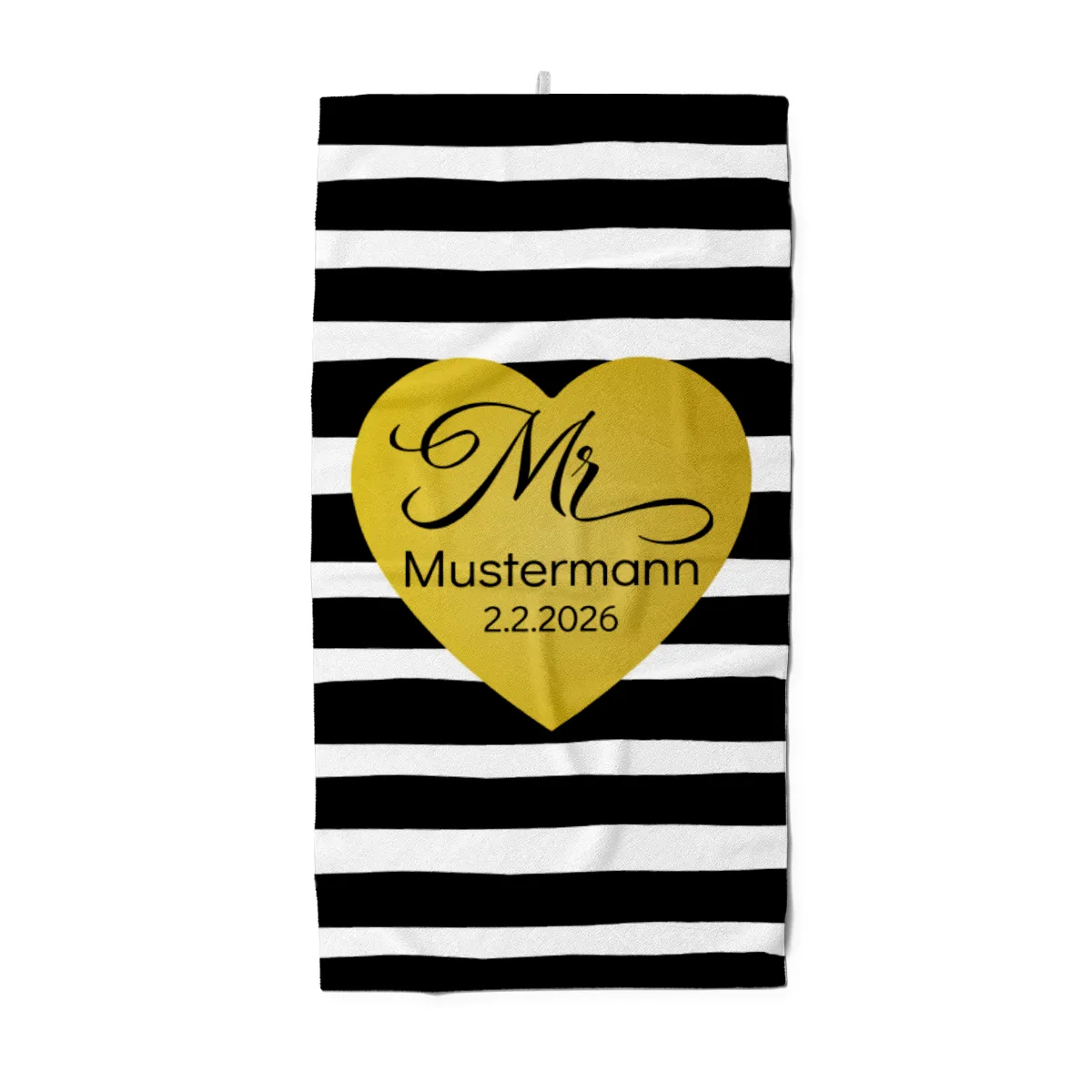 Badetuch mit Namen personalisierbar - personalisiertes Namens-Badetuch - Strandtuch mit Wunschtext - Geschenkidee Hochzeit, Paar - Motiv Misses Heart Stripes