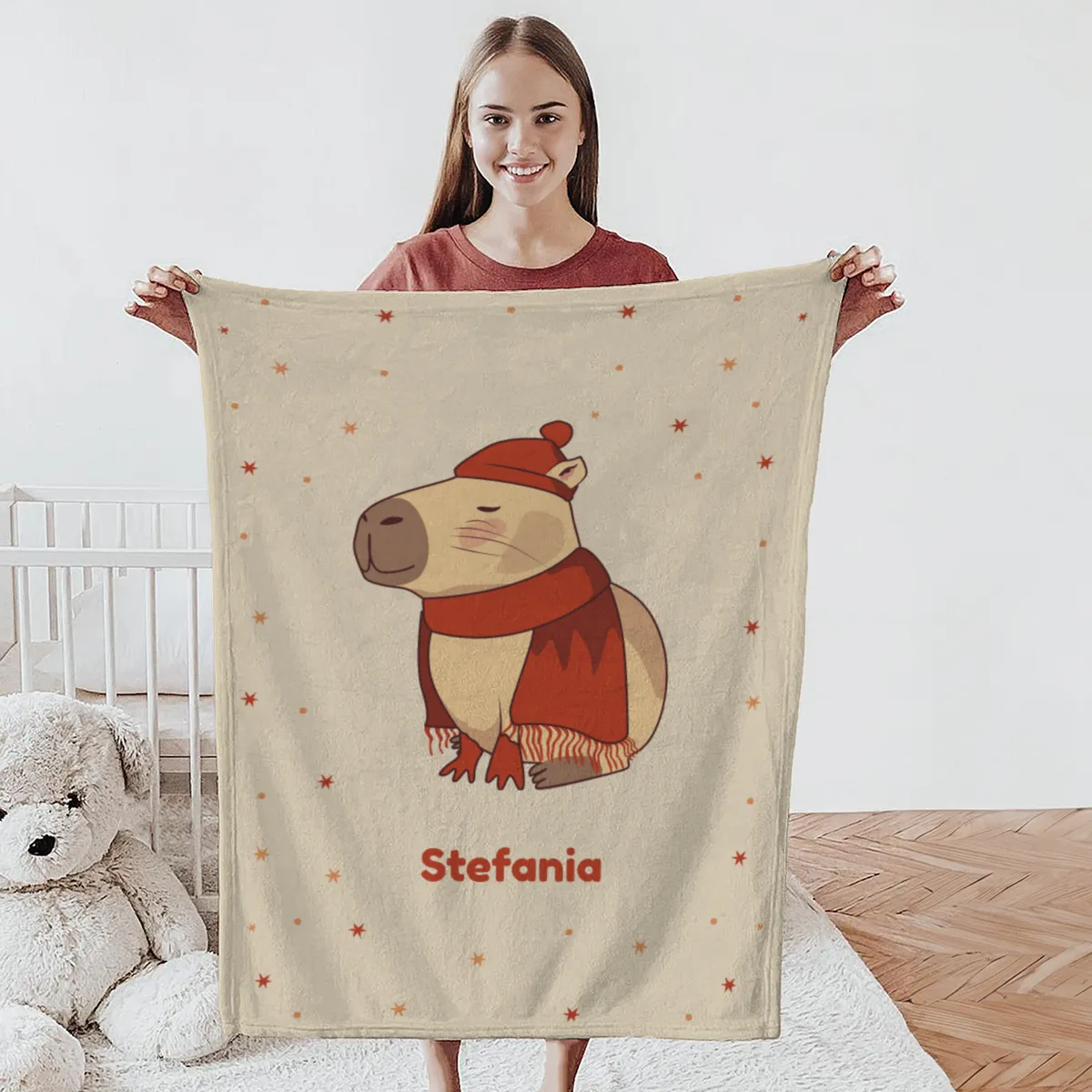 Wohndecke mit Namen personalisierbar, Kuscheldecke, niedliche Namensdecke mit Capybara, Geschenkidee Geburtstag Motiv Capy Wintermütze 140 x 200 cm