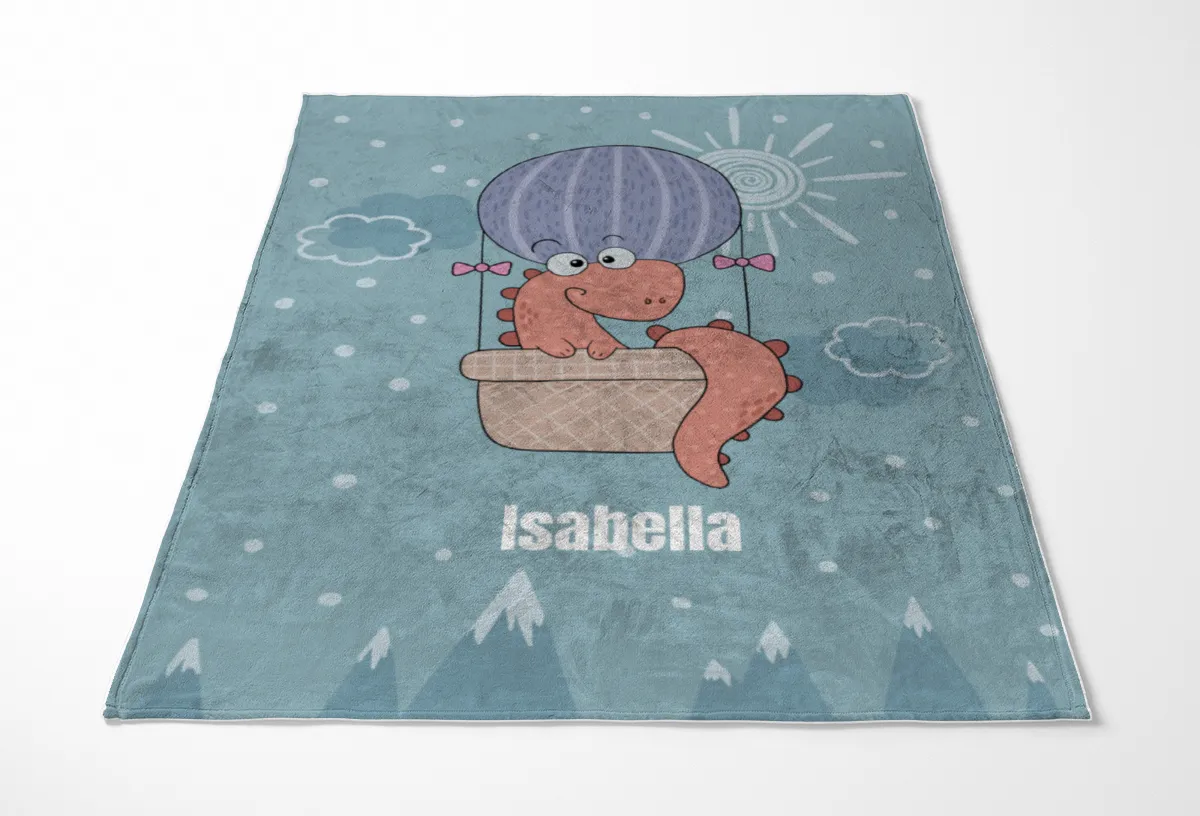 Babydecke mit Namen personalisierbar, Kuscheldecke, Namensdecke mit niedlichem Tiermotiv, Geschenkidee Geburtstag Motiv Luftfahrer Dino 75 x 100 cm