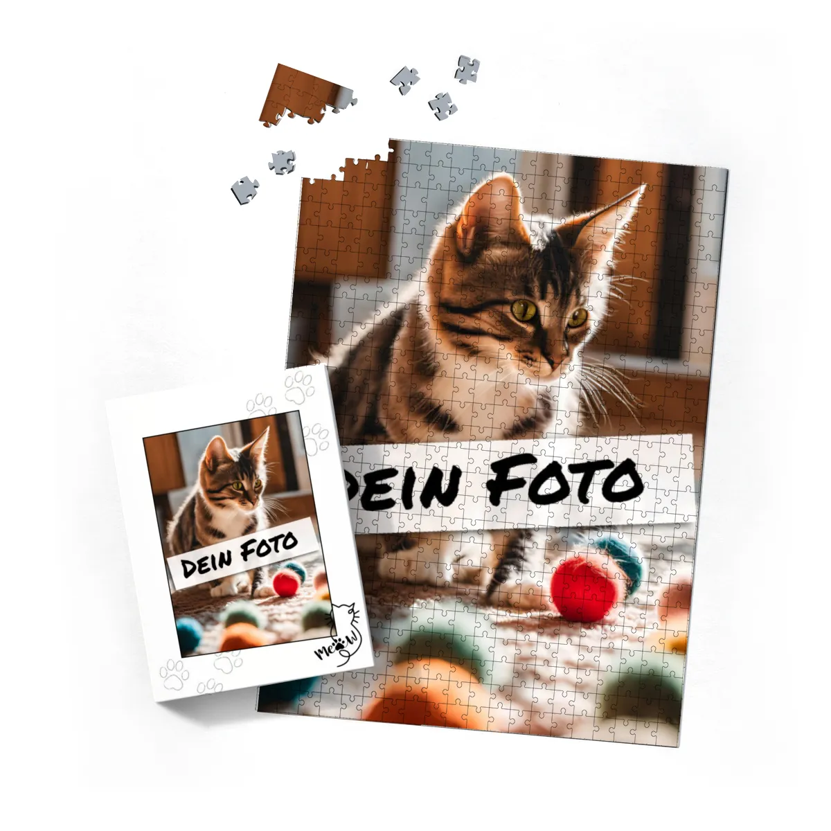 Fotopuzzle mit eigenem Bild - Puzzle selbst gestalten 1000 Teile - Schachtel Meow - mit Foto personalisiert - Geschenk Katzenfans Meow 1000 Teile Quer
