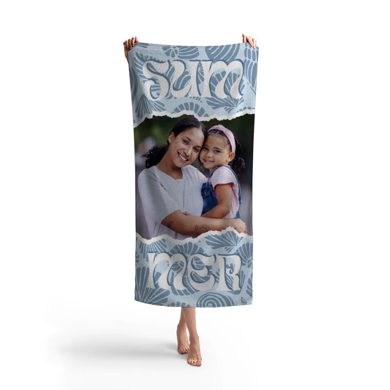 Strandtuch blau Sommer - mit Foto personalisierbar - Foto-Badetuch im Muscheldesign - Muscheln blau