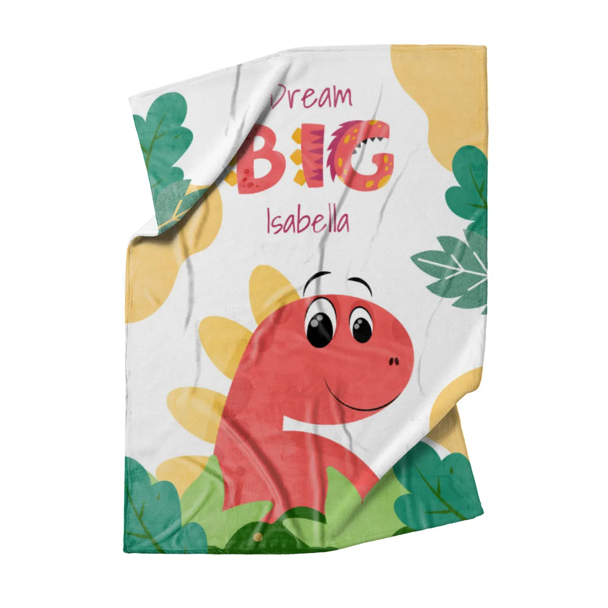 Wohndecke Dream big mit Namen personalisierbar, Kuscheldecke, Namensdecke mit niedlichem Dino, Geschenkidee Geburtstag Motiv Dino rot 140 x 200 cm