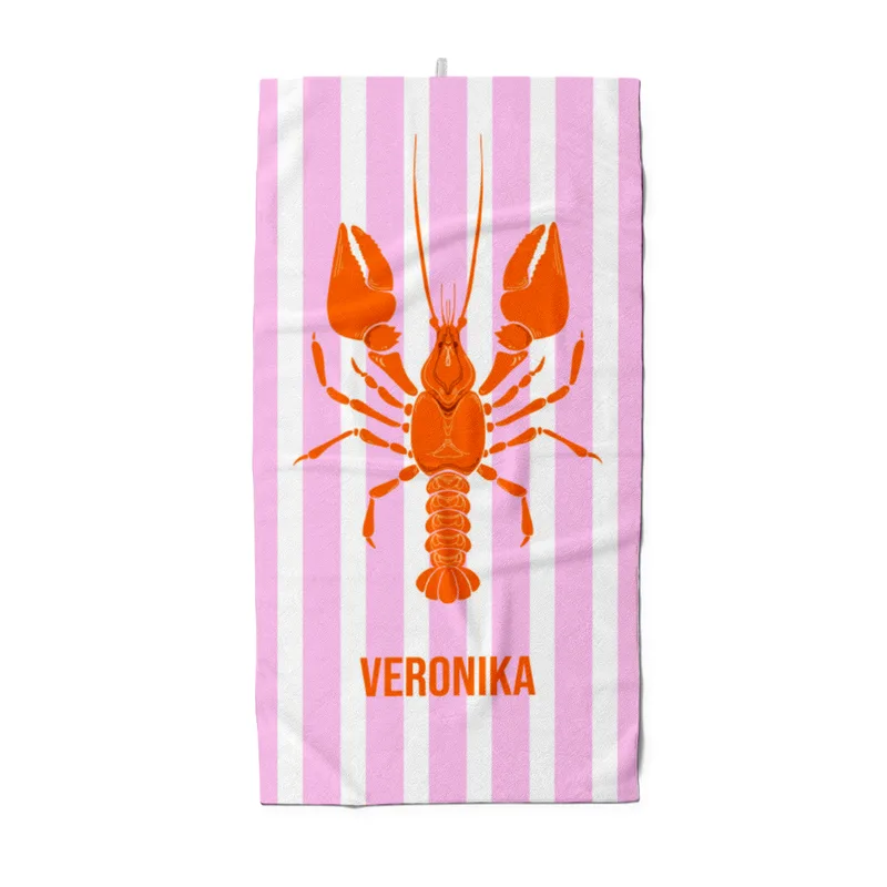 Badetuch blau gestreift mit Hummer - mit Namen personalisierbar - personalisiertes Namens-Badetuch - Strandtuch mit Wunschtext - Lobster blau