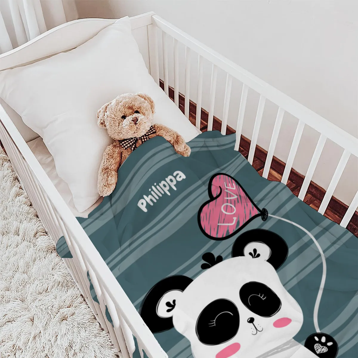 Babydecke mit Namen personalisierbar, Kuscheldecke, Namensdecke mit niedlichem Tiermotiv, Geschenkidee Geburtstag Motiv Panda Love 75 x 100 cm