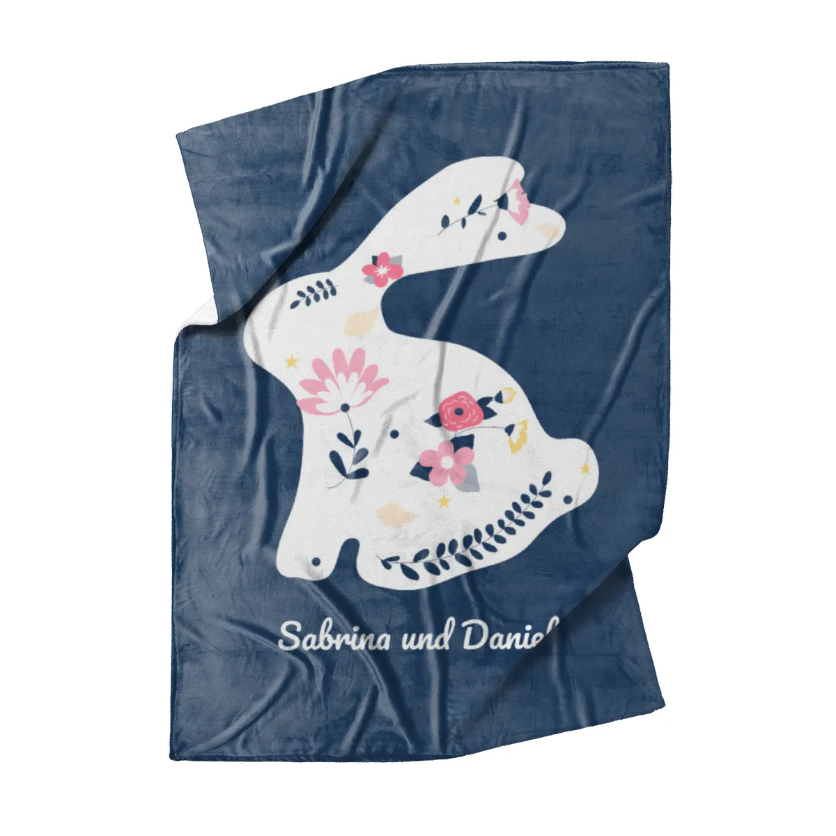 Kuscheldecke Hase mit Blüten - mit Namen personalisierbar - Geschenkidee Geburtstag, Ostern Hase mit Blüten 125 x 155 cm