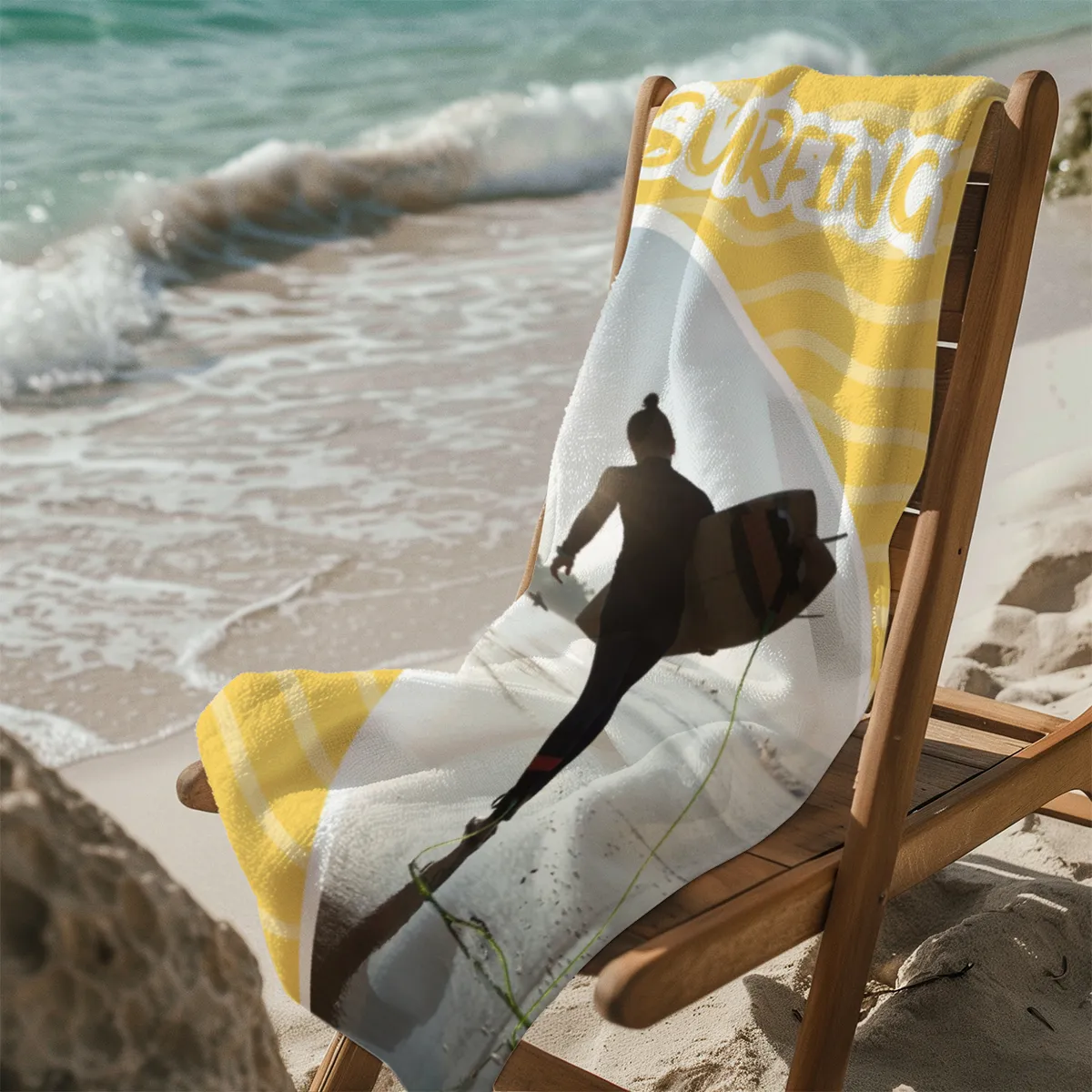 Strandtuch gelb im Surfbrett-Look - mit Foto personalisierbar - Foto-Badetuch - Geschenkidee Surfer Surfing