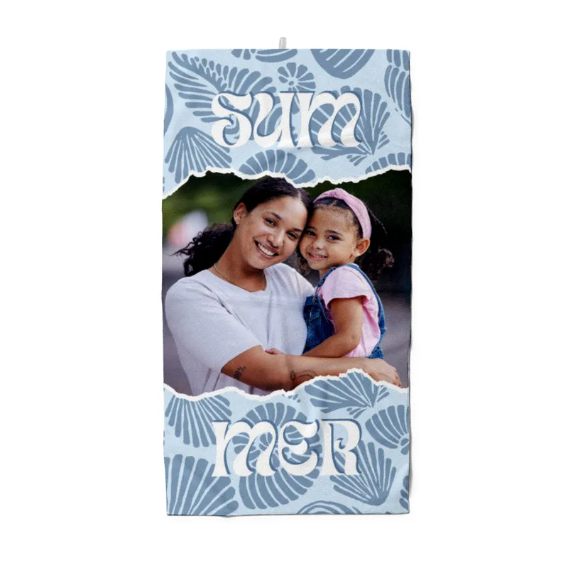 Strandtuch blau Sommer - mit Foto personalisierbar - Foto-Badetuch im Muscheldesign - Muscheln blau