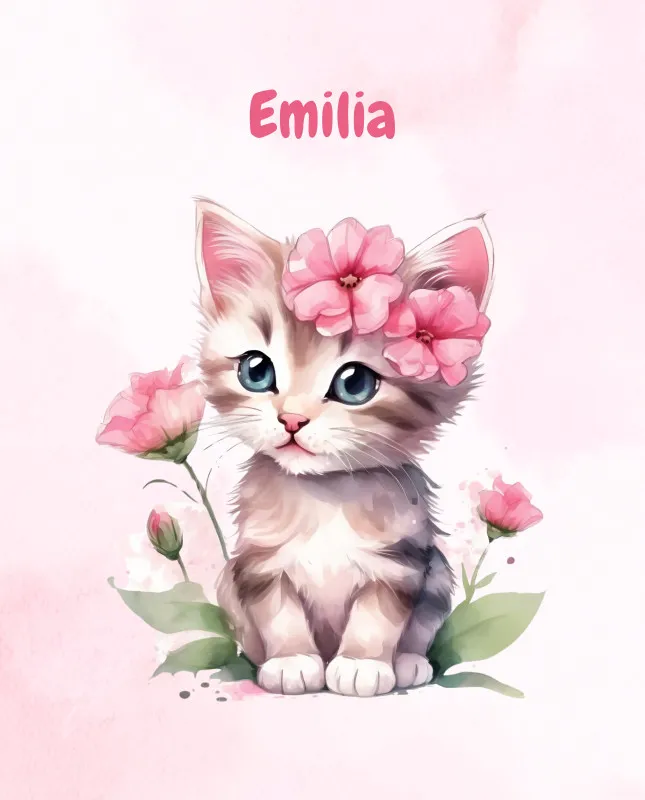 Wohndecke mit Namen personalisierbar, Kuscheldecke, Namensdecke mit süßem Kätzchen, Geschenkidee Geburtstag Motiv Katze rosa 140 x 200 cm