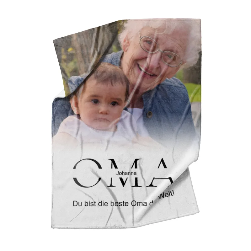 Kuscheldecke Oma 140 x 200 cm - mit Foto und 2 Texten personalisierbar - Fotodecke selbst gestalten - Geschenkidee Muttertag, Geburtstag OMA white