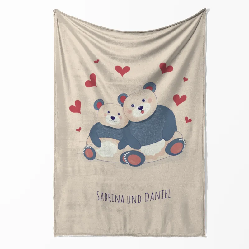 Kuscheldecke Verliebte Bären - mit Namen personalisierbar - Geschenkidee für Verliebte, Valentinstag Verliebte Bären 140 x 200 cm