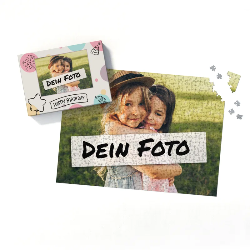 Fotopuzzle mit eigenem Bild - Fotopuzzle selbst gestalten 2000 Teile - Schachtel Happy Birthday - Puzzle mit Foto personalisiert - Geschenk Geburtstag Happy Birthday 2000 Teile Quer