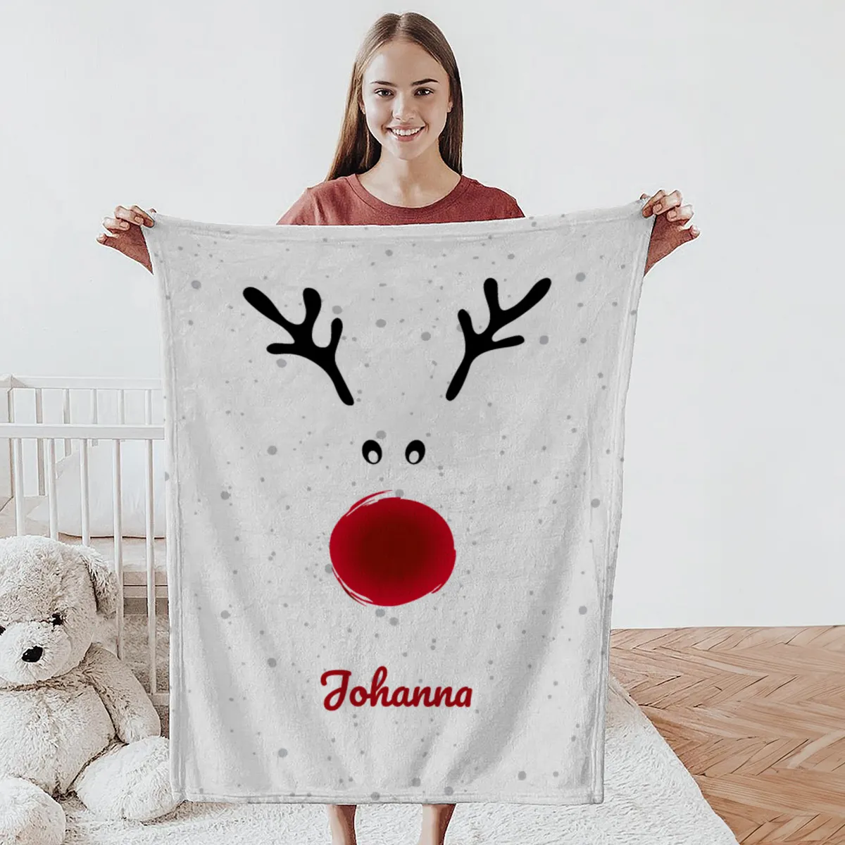 Personalisierte Babydecke Rentiernase - Babydecke mit Namen und Rentiermotiv - Babydecke mit Namen personalisierbar - Geschenkidee Weihnachten Baby Rentiernase 75 x 100 cm