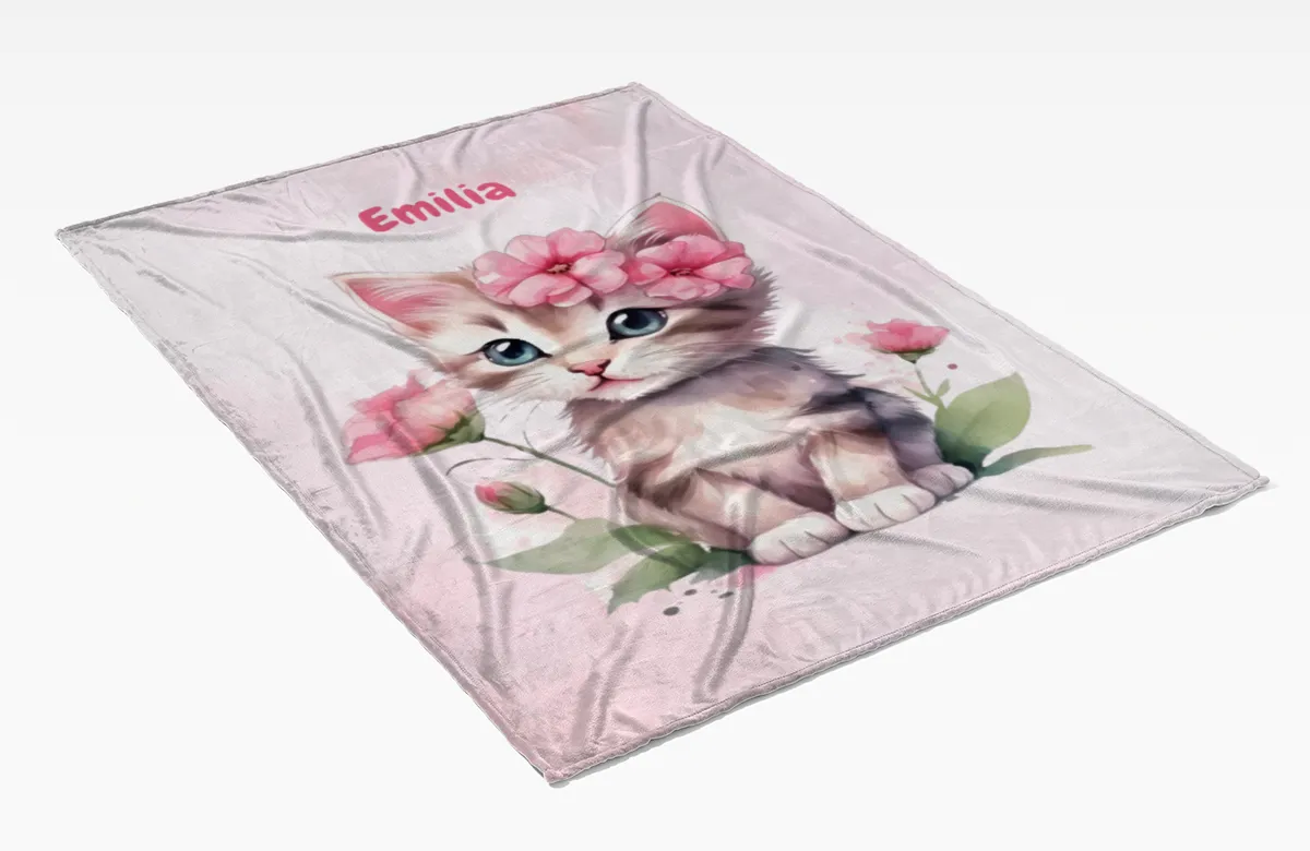 Wohndecke mit Namen personalisierbar, Kuscheldecke, Namensdecke mit süßem Kätzchen, Geschenkidee Geburtstag Motiv Katze rosa 140 x 200 cm
