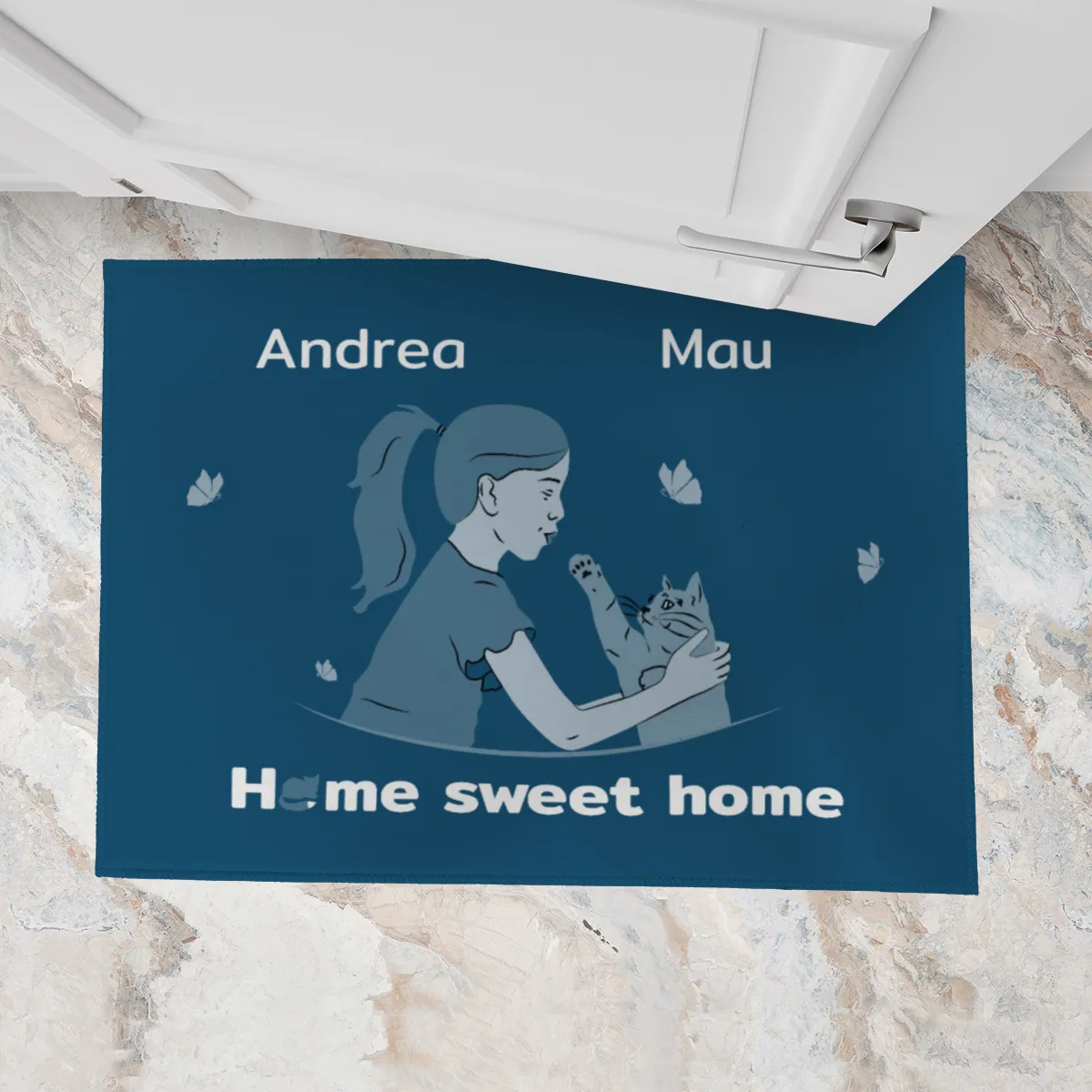 Personalisierte Fußmatte Pärchen mit Hund und Katze schwarz 70 x 50 cm
