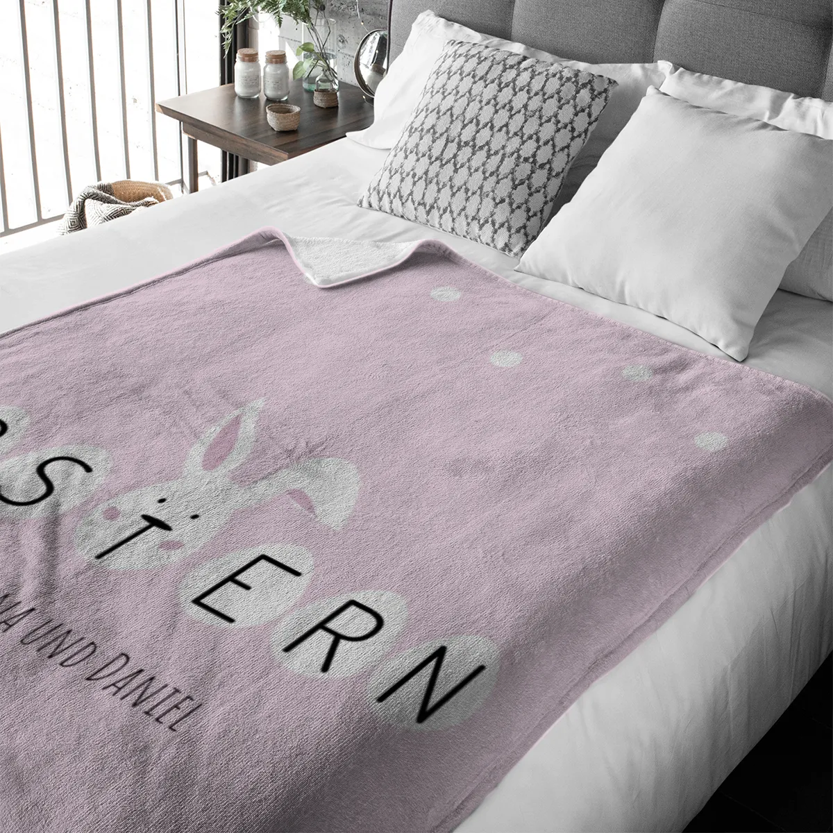 Kuscheldecke Ostern rosa - mit Namen personalisierbar - Geschenkidee Ostern, Osterdeko Ostern rosa 140 x 200 cm