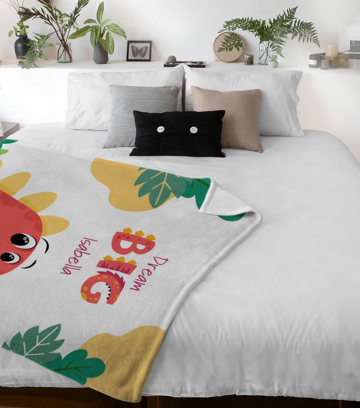 Wohndecke Dream big mit Namen personalisierbar, Kuscheldecke, Namensdecke mit niedlichem Dino, Geschenkidee Geburtstag Motiv Dino rot 140 x 200 cm
