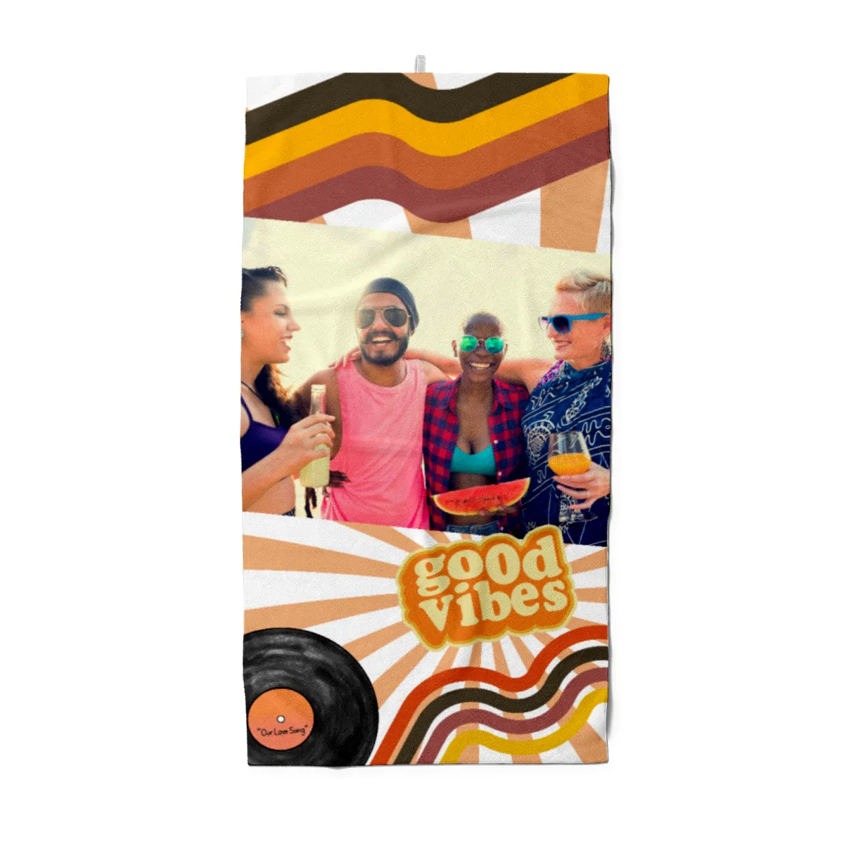 Strandtuch Good Vibes im Retro-Look - mit Foto personalisierbar - Foto-Badetuch für Urlaub, Bad, Strand - Good Vibes