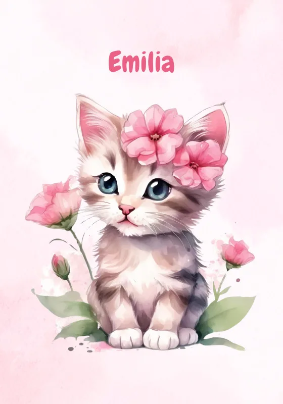 Wohndecke mit Namen personalisierbar, Kuscheldecke, Namensdecke mit süßem Kätzchen, Geschenkidee Geburtstag Motiv Katze rosa 140 x 200 cm