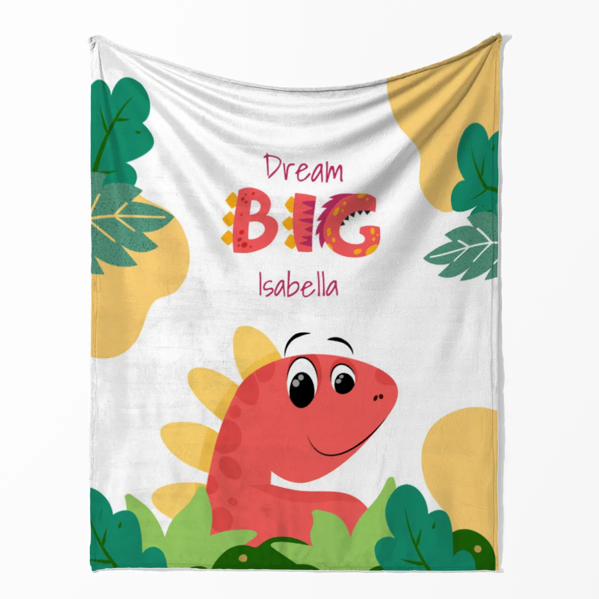 Wohndecke Dream big mit Namen personalisierbar, Kuscheldecke, Namensdecke mit niedlichem Dino, Geschenkidee Geburtstag Motiv Dino rot 140 x 200 cm