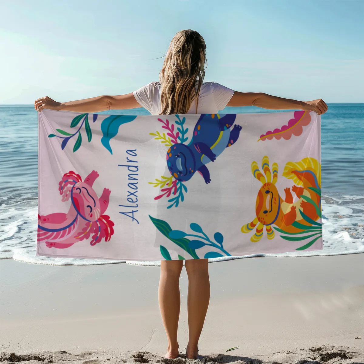Duschtuch mit Namen personalisierbar - personalisiertes Namens-Duschtuch mit Wunschtext - Axolotls
